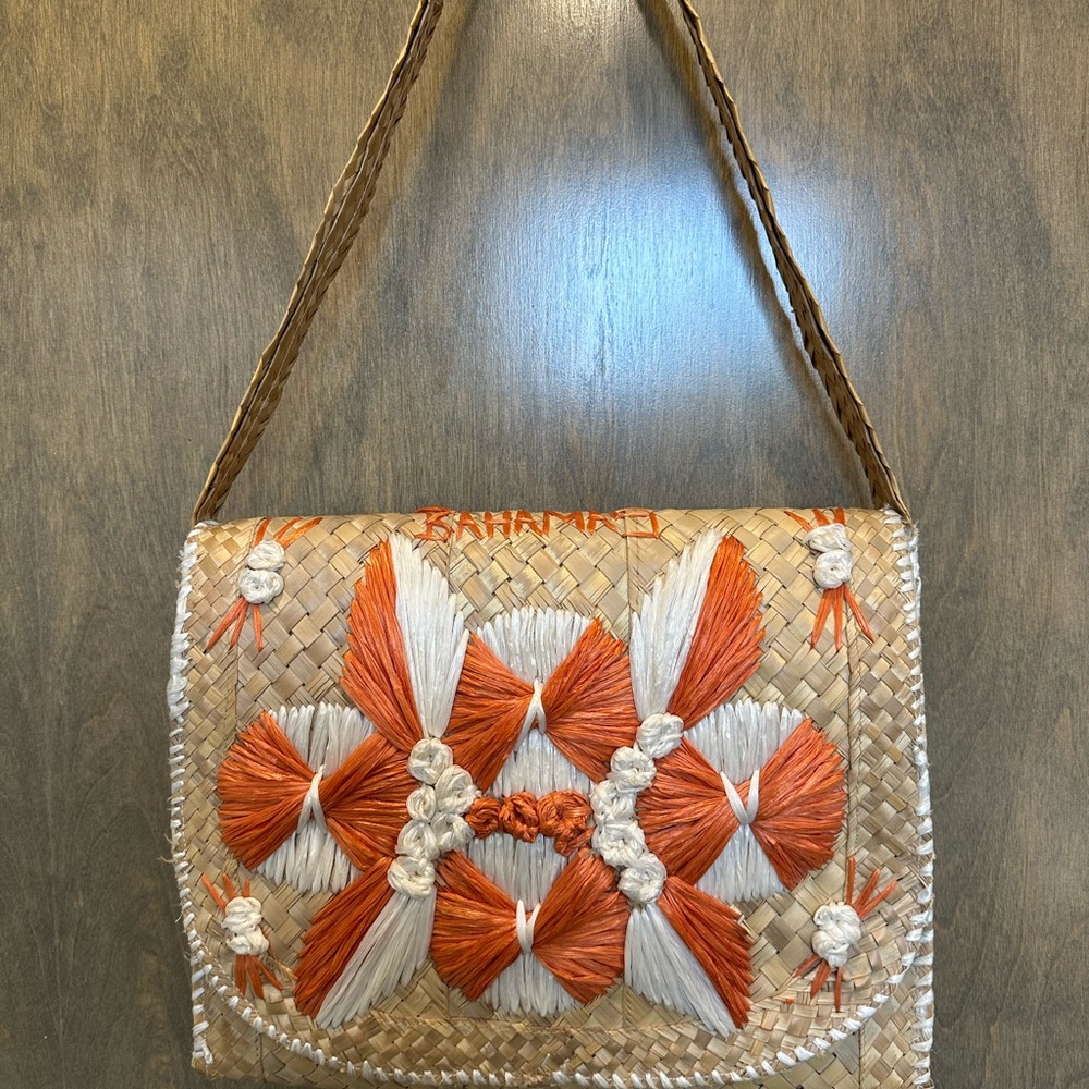 Vintage Bahamas Straw Market Woven Bag with Orange and White Accents